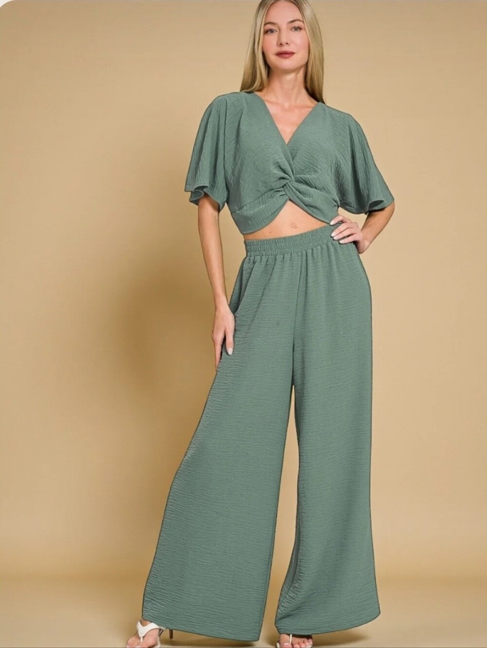 Zenana Sage Twist Front Top & Wide Leg Pants Set